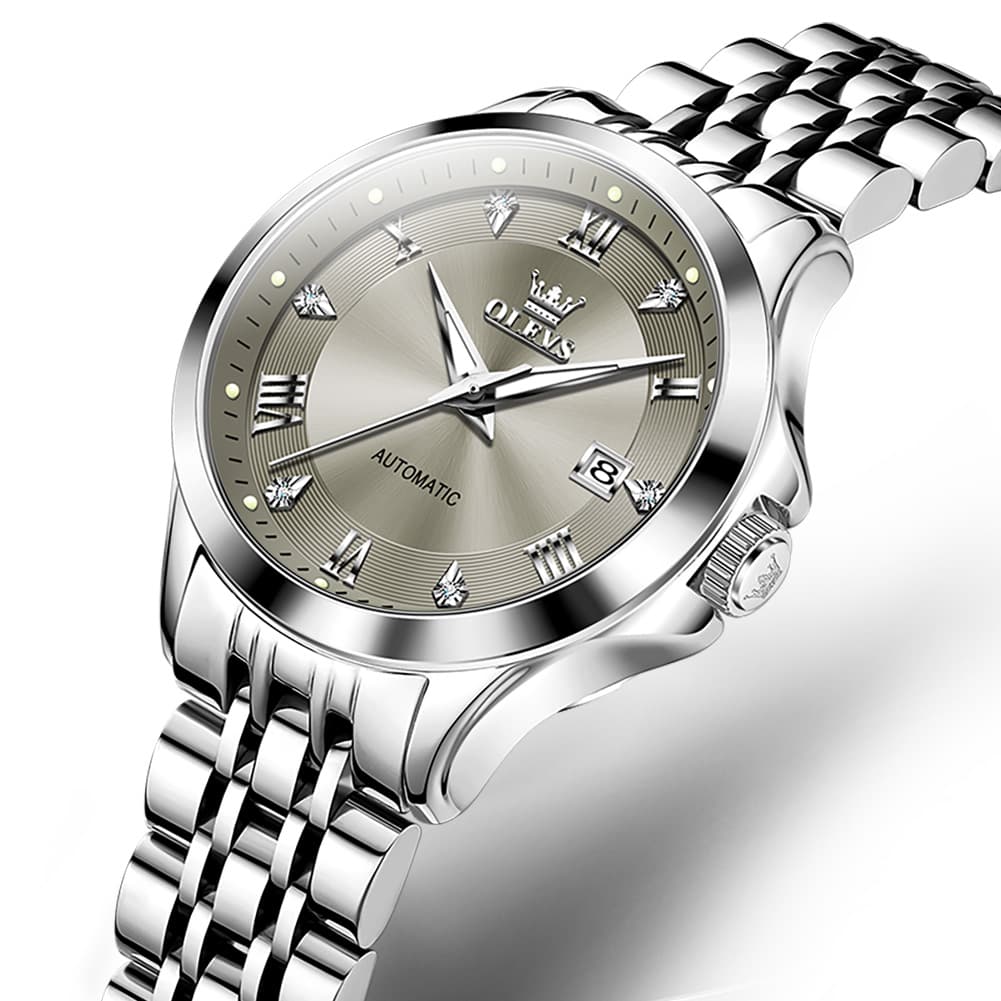 OLEVS 6702 Elegant Diamond Automatic Mechanical Watch For Women - Silver Grey Watch | Olevs Watch Store