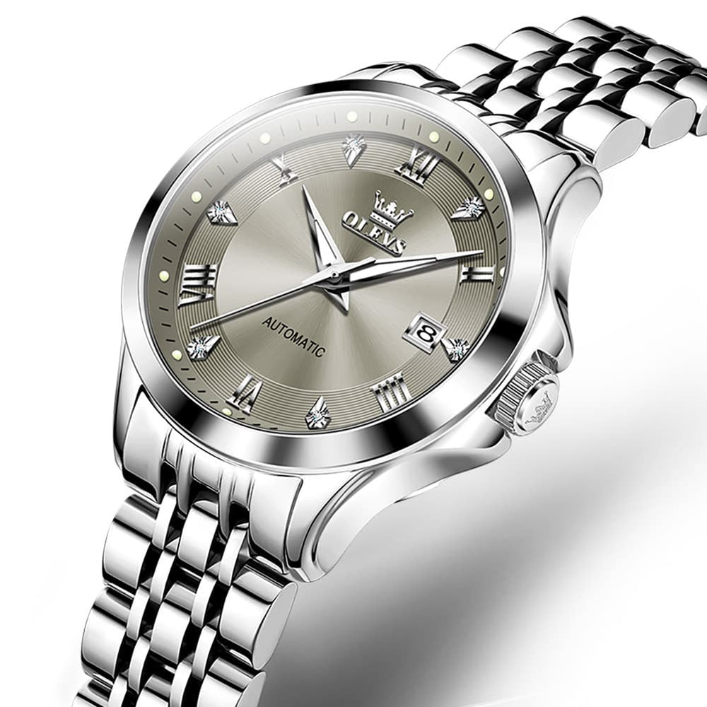 OLEVS 6702 Elegant Diamond Automatic Mechanical Watch For Women - Silver Grey Watch | Olevs Watch Store