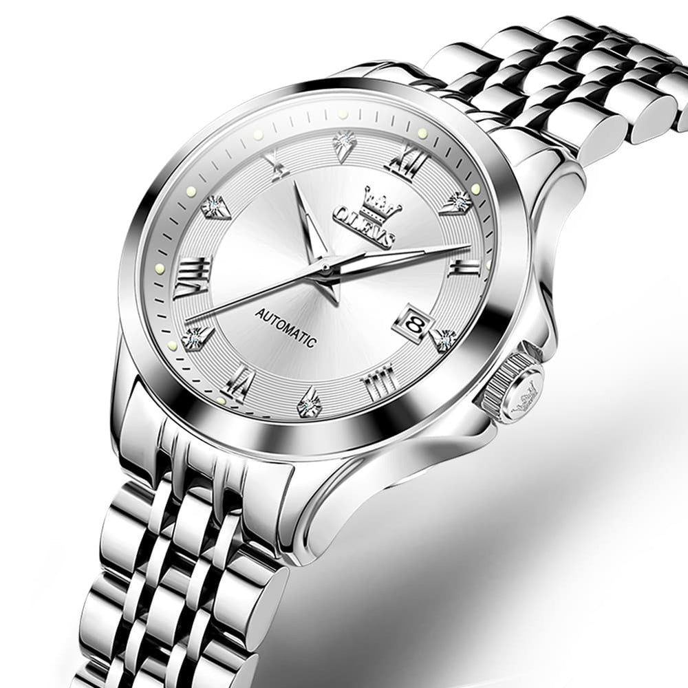 OLEVS 6702 Elegant Diamond Automatic Mechanical Watch For Women - Silver White Watch | Olevs Watch Store