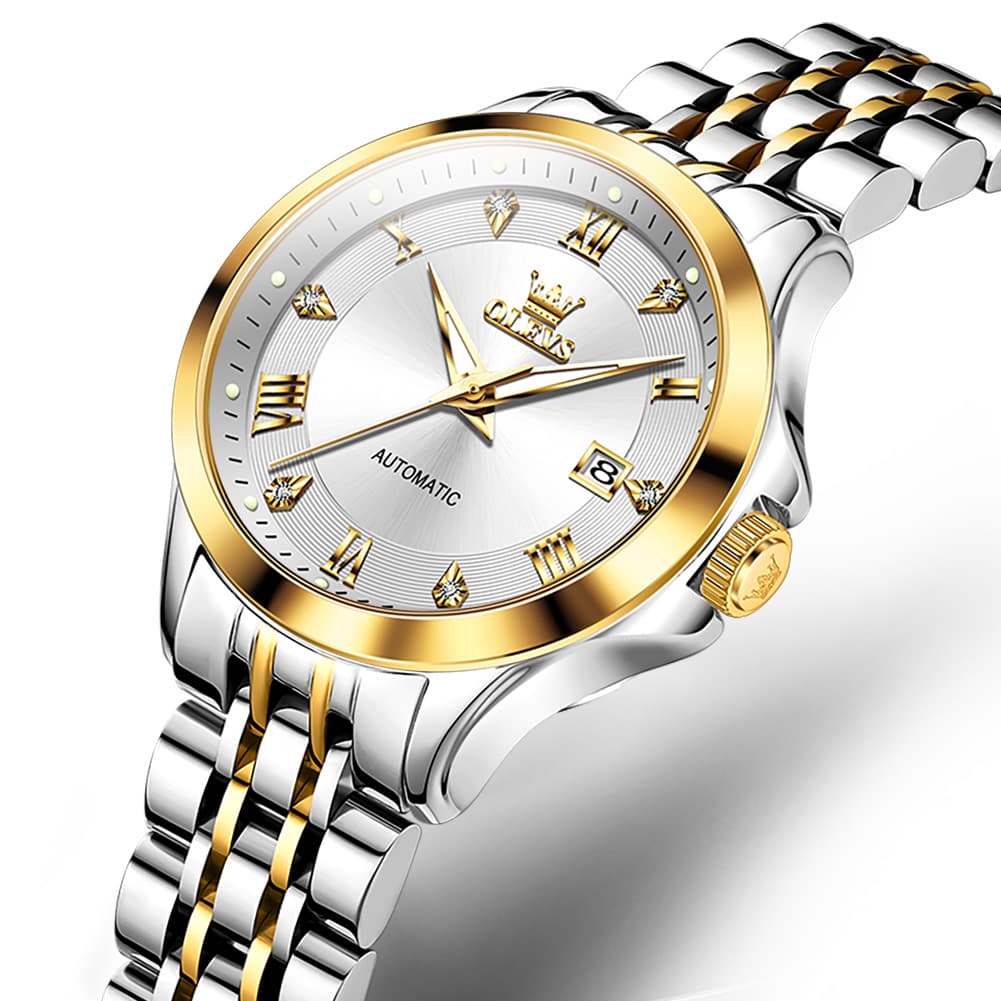 OLEVS 6702 Elegant Diamond Automatic Mechanical Watch For Women - Two Tone White Watch | Olevs Watch Store