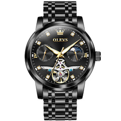 OLEVS 6703 Moon Phase Tourbillon Automatic Mechanical Watch For Men - All Black Watch | Olevs Watch Store