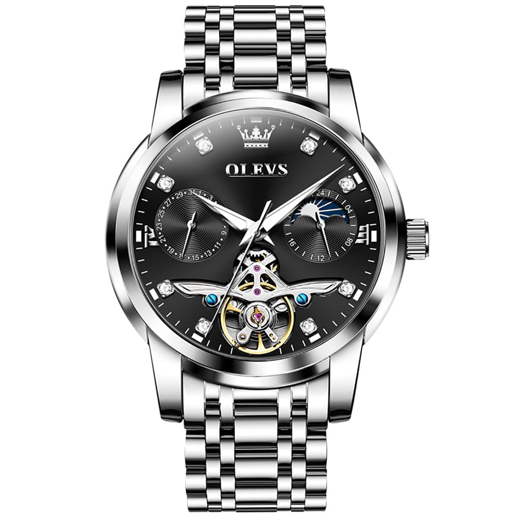 OLEVS 6703 Moon Phase Tourbillon Automatic Mechanical Watch For Men - Silver Black Watch | Olevs Watch Store