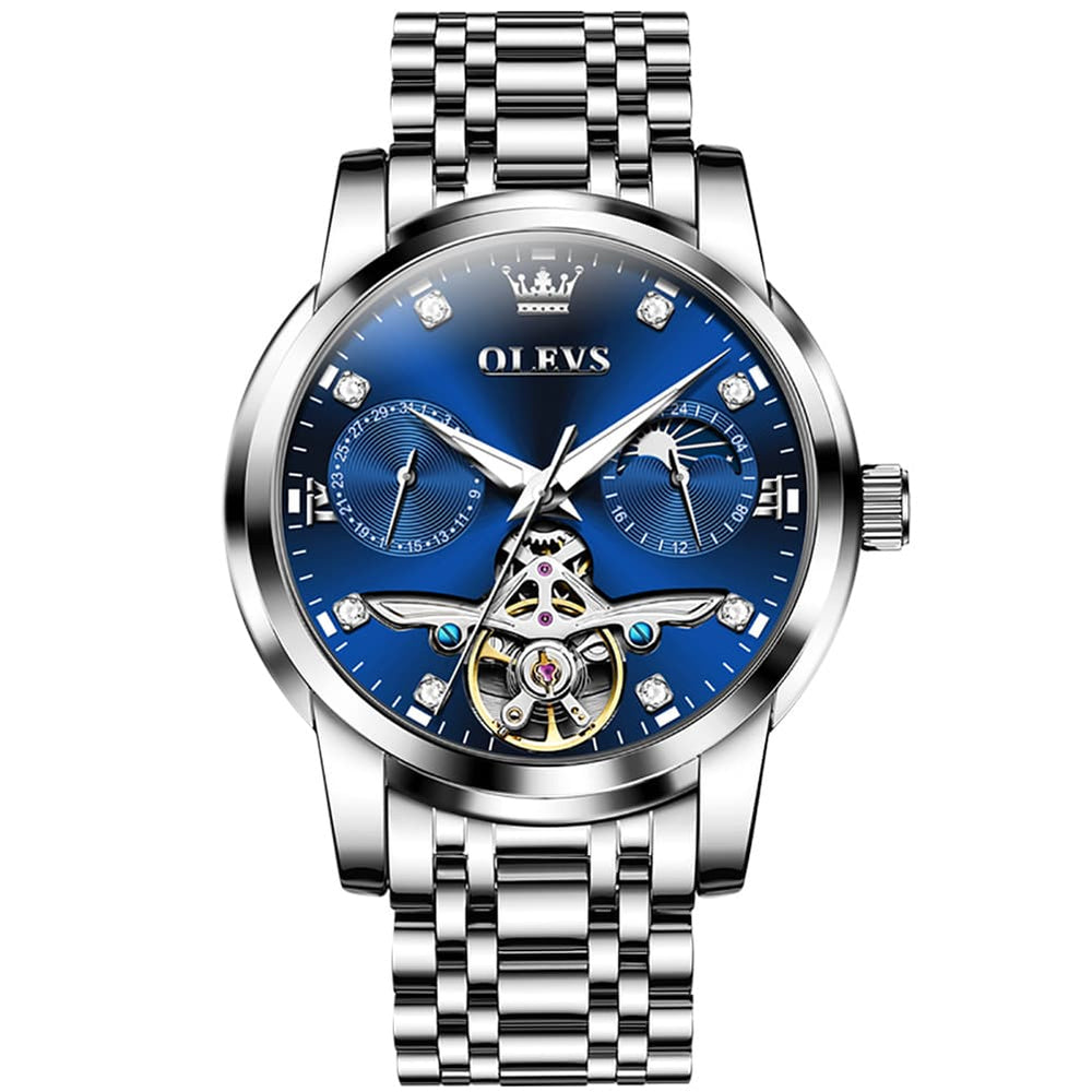 OLEVS 6703 Moon Phase Tourbillon Automatic Mechanical Watch For Men - Silver Blue Watch | Olevs Watch Store