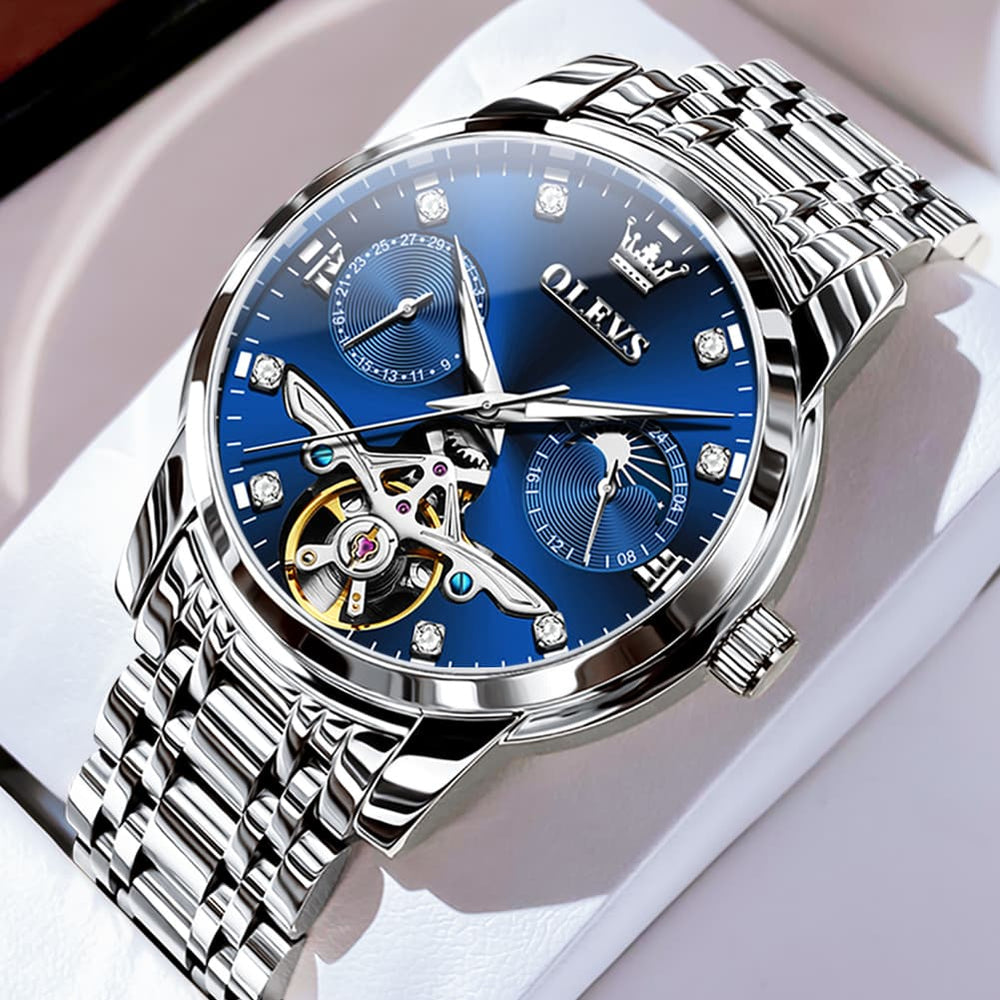 OLEVS 6703 Moon Phase Tourbillon Automatic Mechanical Watch For Men - Silver White Watch | Olevs Watch Store