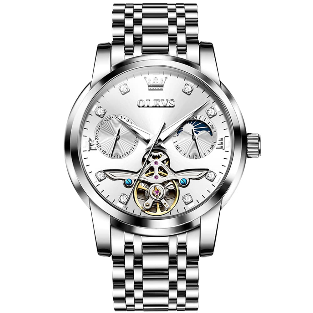 OLEVS 6703 Moon Phase Tourbillon Automatic Mechanical Watch For Men - Silver White Watch | Olevs Watch Store