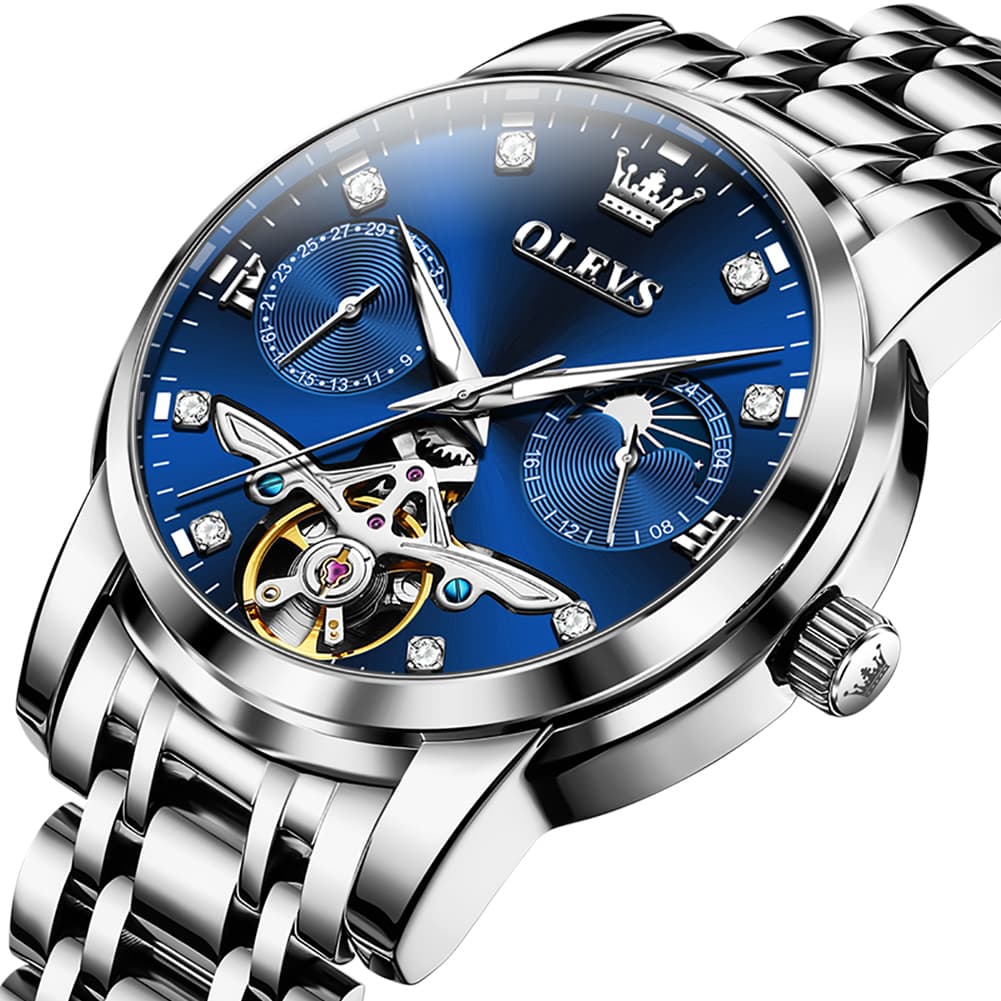 OLEVS 6703 Moon Phase Tourbillon Automatic Mechanical Watch For Men - Silver White Watch | Olevs Watch Store
