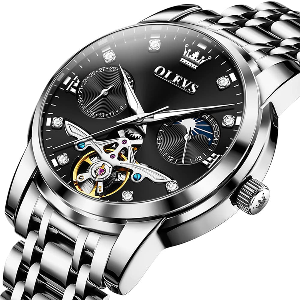 OLEVS 6703 Moon Phase Tourbillon Automatic Mechanical Watch For Men - Silver White Watch | Olevs Watch Store