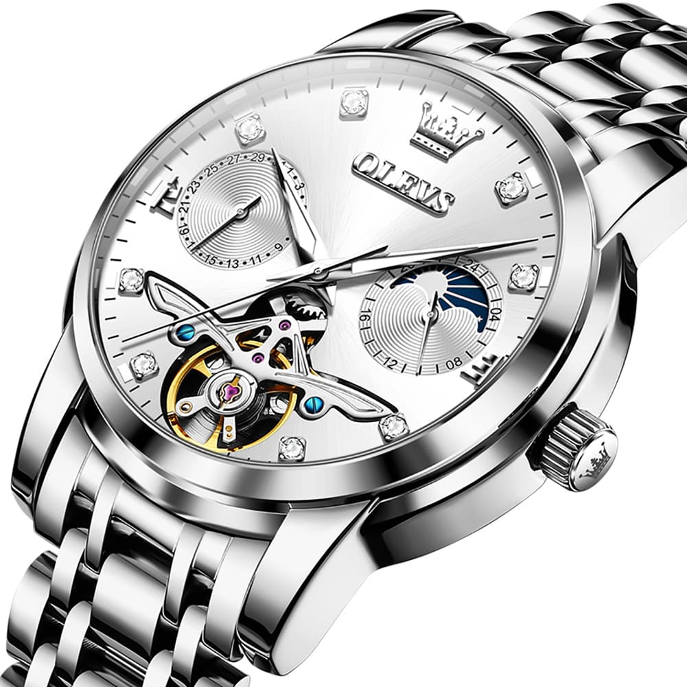 OLEVS 6703 Moon Phase Tourbillon Automatic Mechanical Watch For Men - Silver White Watch | Olevs Watch Store