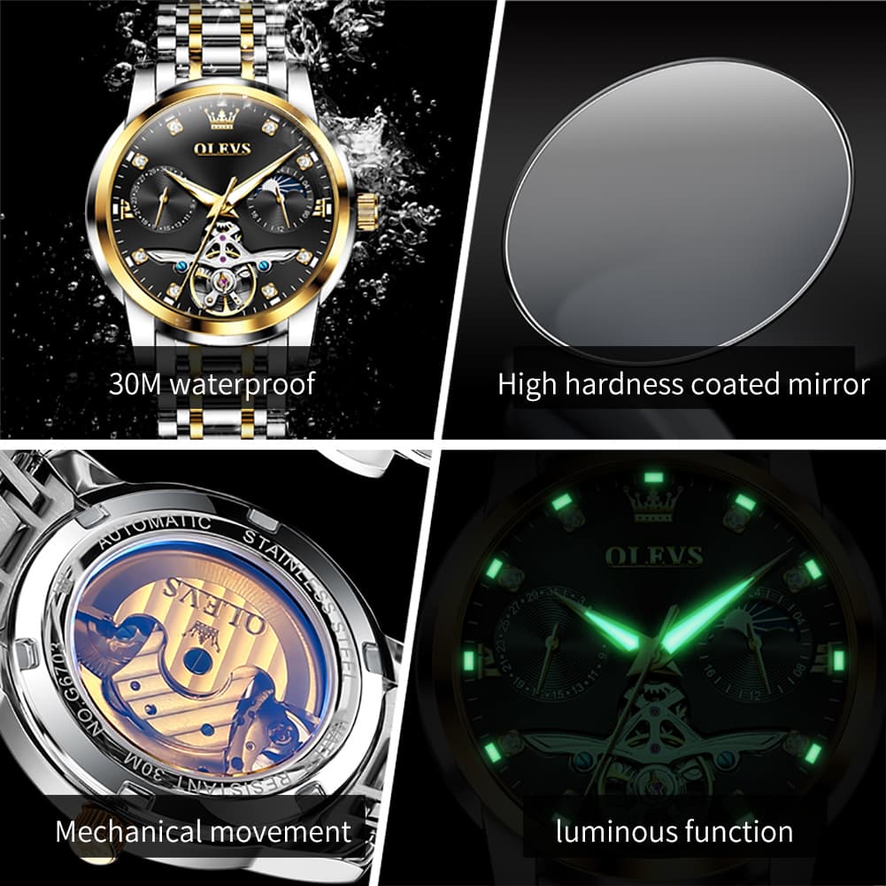 OLEVS 6703 Moon Phase Tourbillon Automatic Mechanical Watch For Men - Silver White Watch | Olevs Watch Store