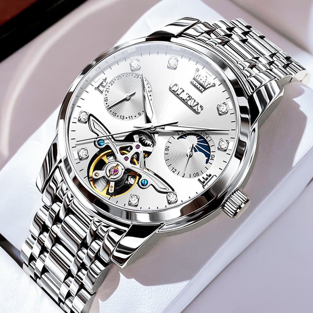 OLEVS 6703 Moon Phase Tourbillon Automatic Mechanical Watch For Men - Silver White Watch | Olevs Watch Store