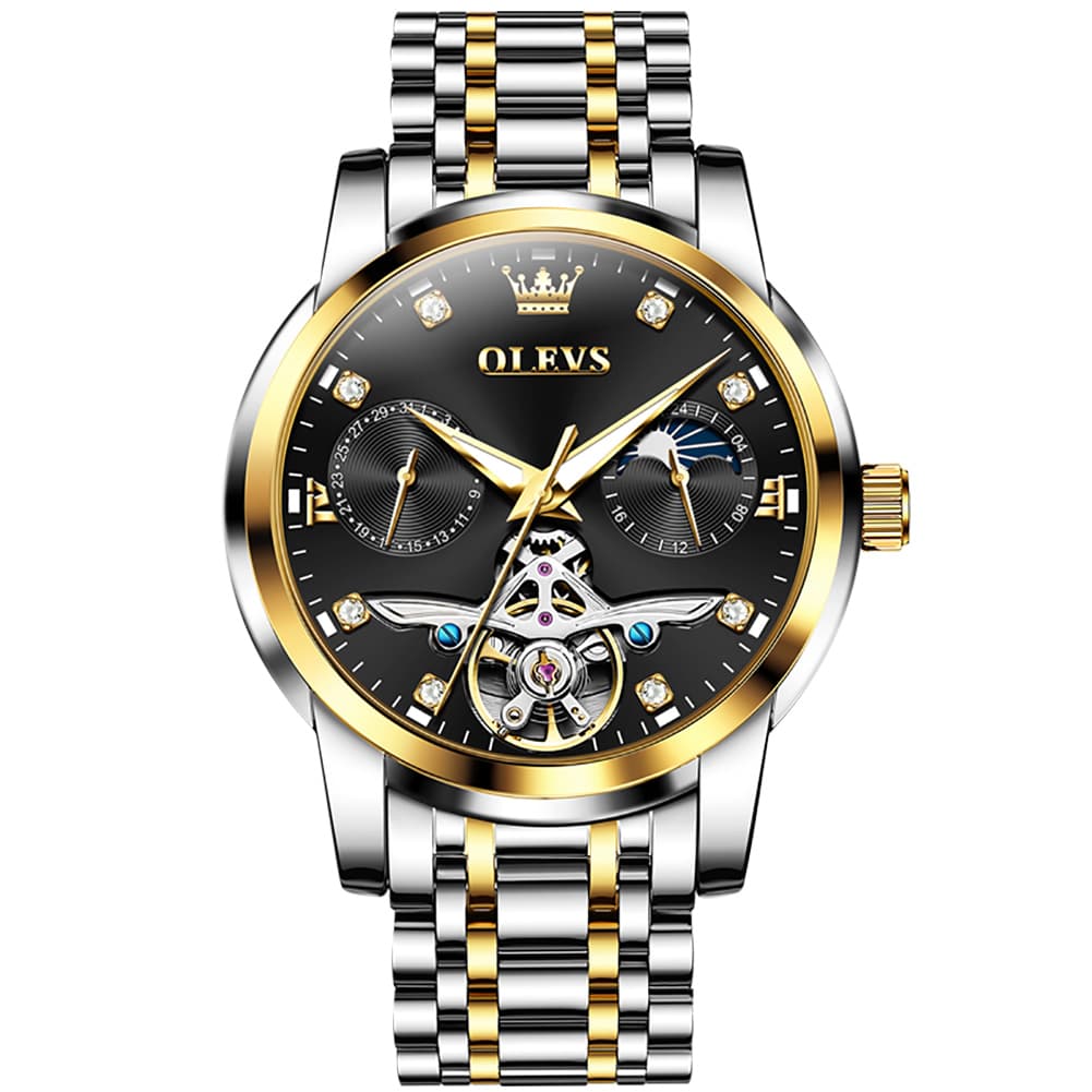 OLEVS 6703 Moon Phase Tourbillon Automatic Mechanical Watch For Men - Two Tone Black Watch | Olevs Watch Store