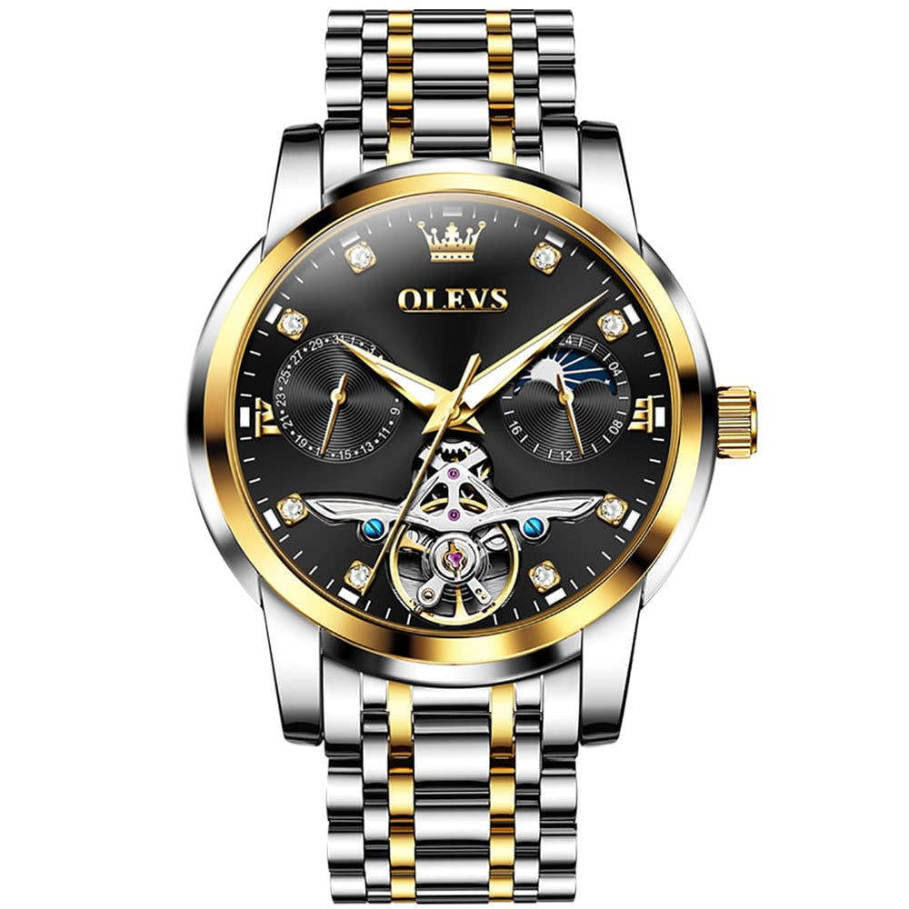 OLEVS 6703 Moon Phase Tourbillon Automatic Mechanical Watch For Men - Two Tone Black Watch | Olevs Watch Store