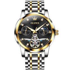 OLEVS 6703 Moon Phase Tourbillon Automatic Mechanical Watch For Men - Two Tone Black Watch | Olevs Watch Store