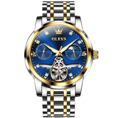 OLEVS 6703 Moon Phase Tourbillon Automatic Mechanical Watch For Men - Two Tone Blue Watch | Olevs Watch Store