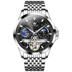 OLEVS 6705 Starry Sky Earth Tourbillon Automatic Mechanical Watch For Men - Silver Black Watch | Olevs Watch Store