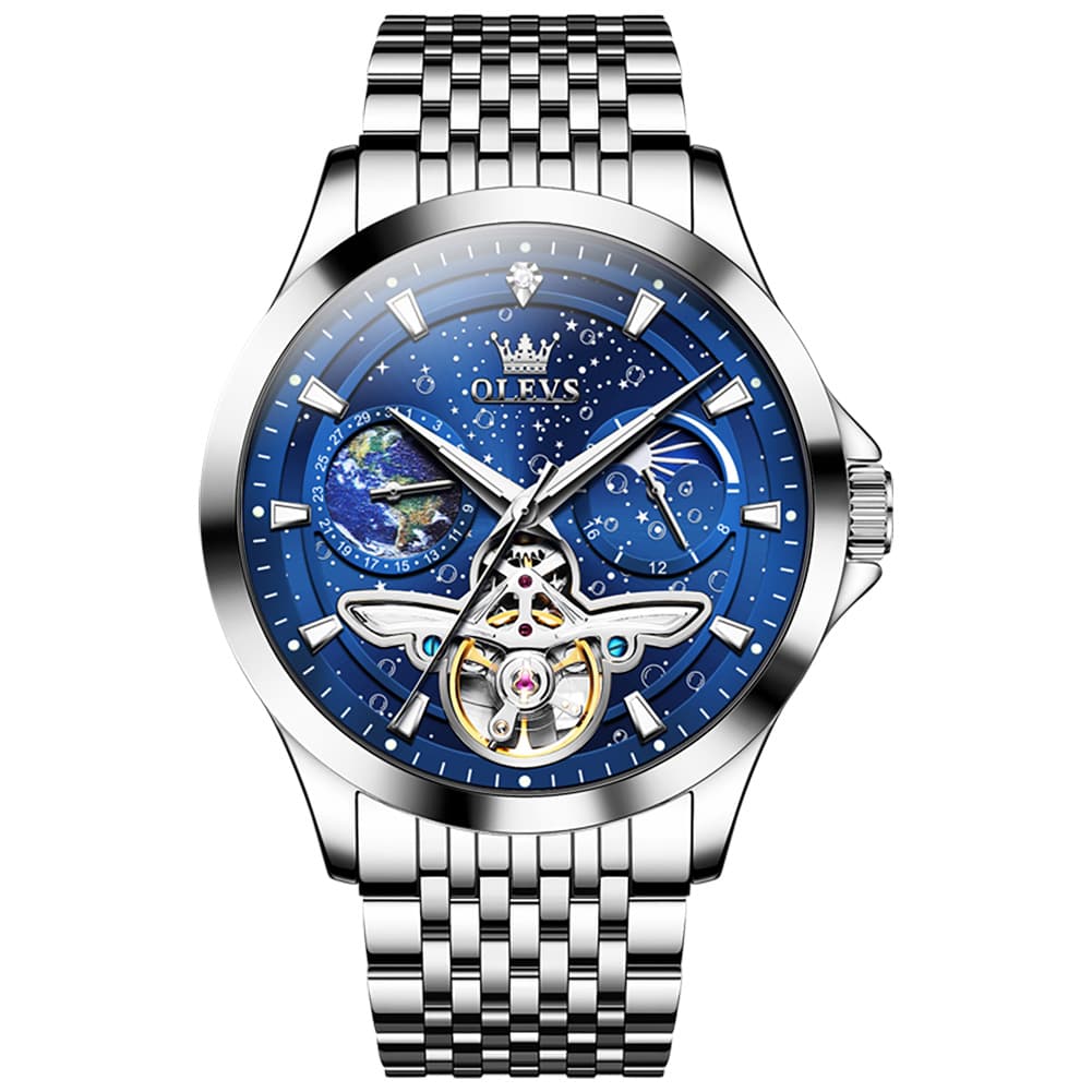 OLEVS 6705 Starry Sky Earth Tourbillon Automatic Mechanical Watch For Men - Silver Blue Watch | Olevs Watch Store