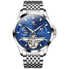OLEVS 6705 Starry Sky Earth Tourbillon Automatic Mechanical Watch For Men - Silver Blue Watch | Olevs Watch Store
