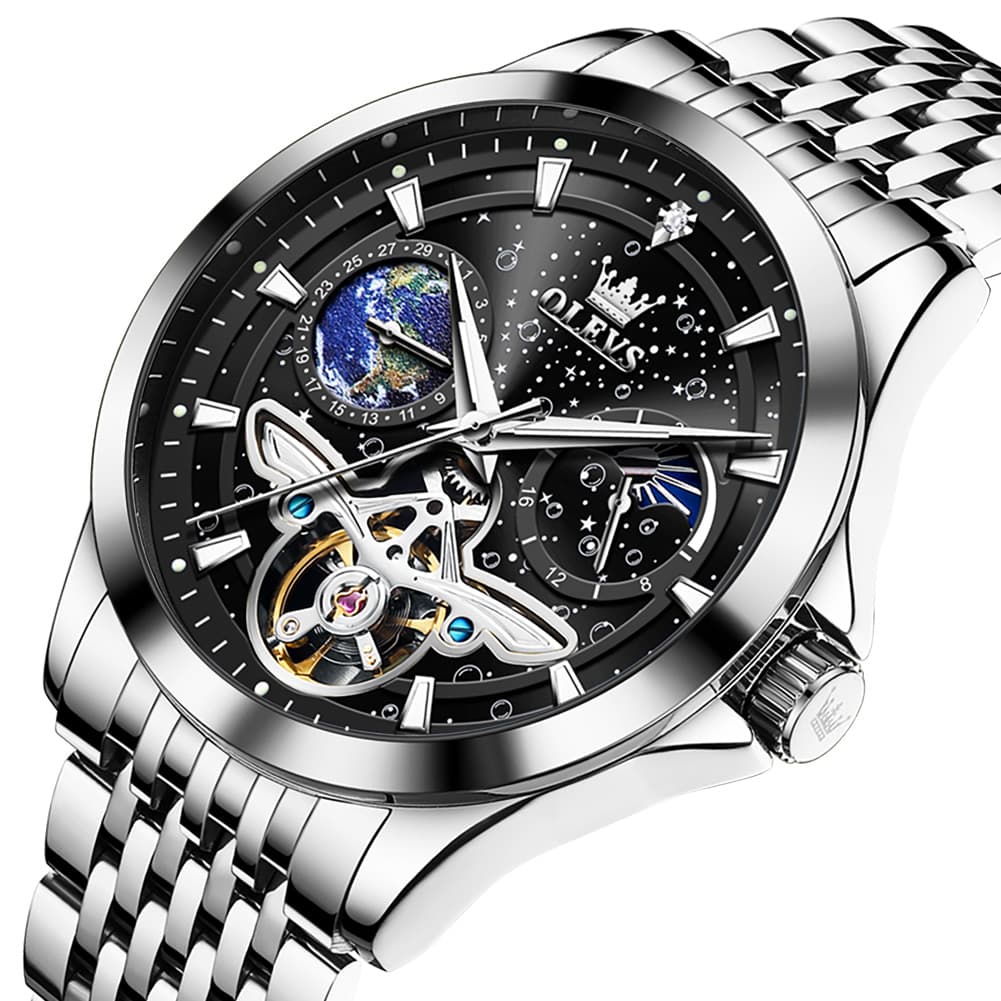 OLEVS 6705 Starry Sky Earth Tourbillon Automatic Mechanical Watch For Men - Two Tone Black Watch | Olevs Watch Store