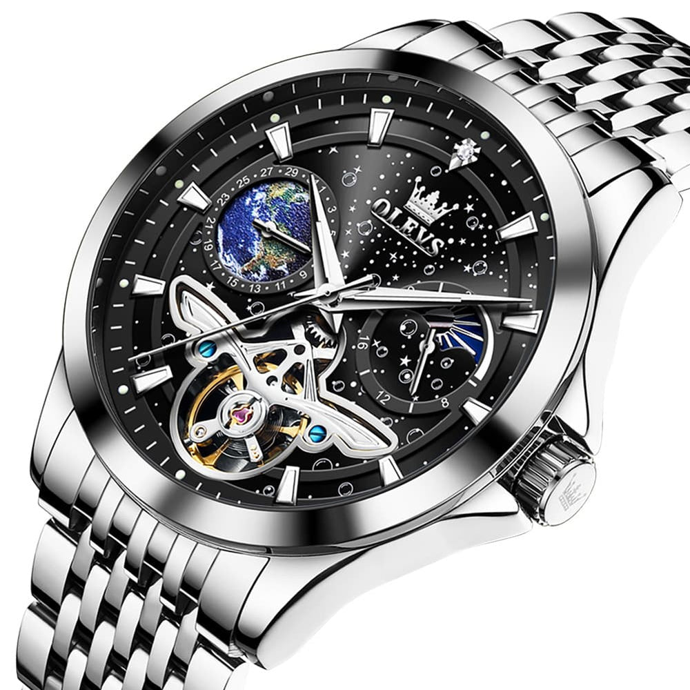 OLEVS 6705 Starry Sky Earth Tourbillon Automatic Mechanical Watch For Men - Two Tone Black Watch | Olevs Watch Store