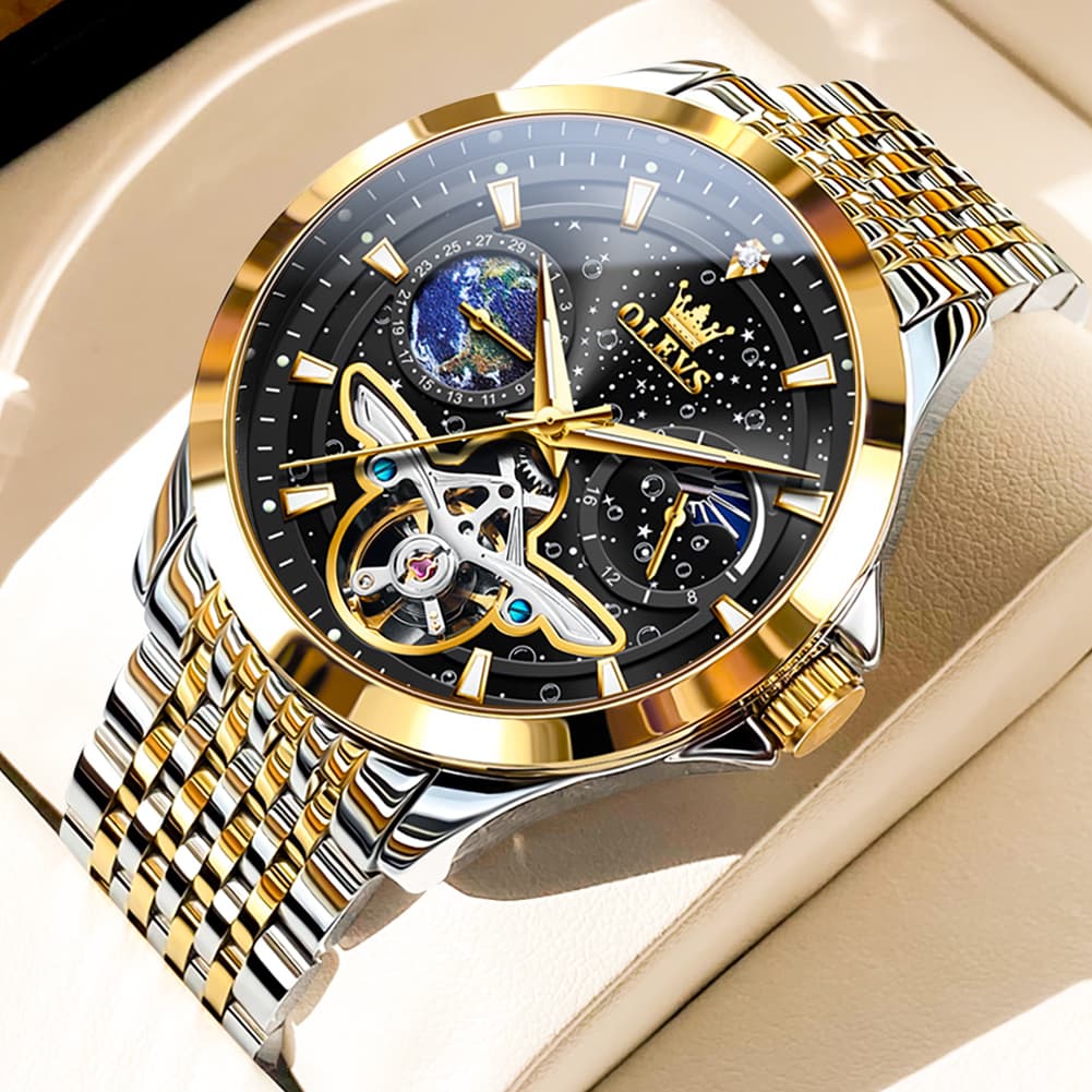 OLEVS 6705 Starry Sky Earth Tourbillon Automatic Mechanical Watch For Men - Two Tone Black Watch | Olevs Watch Store