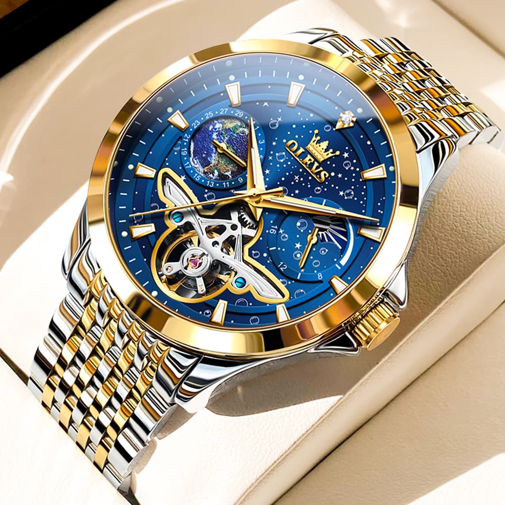 OLEVS 6705 Starry Sky Earth Tourbillon Automatic Mechanical Watch For Men - Two Tone Black Watch | Olevs Watch Store