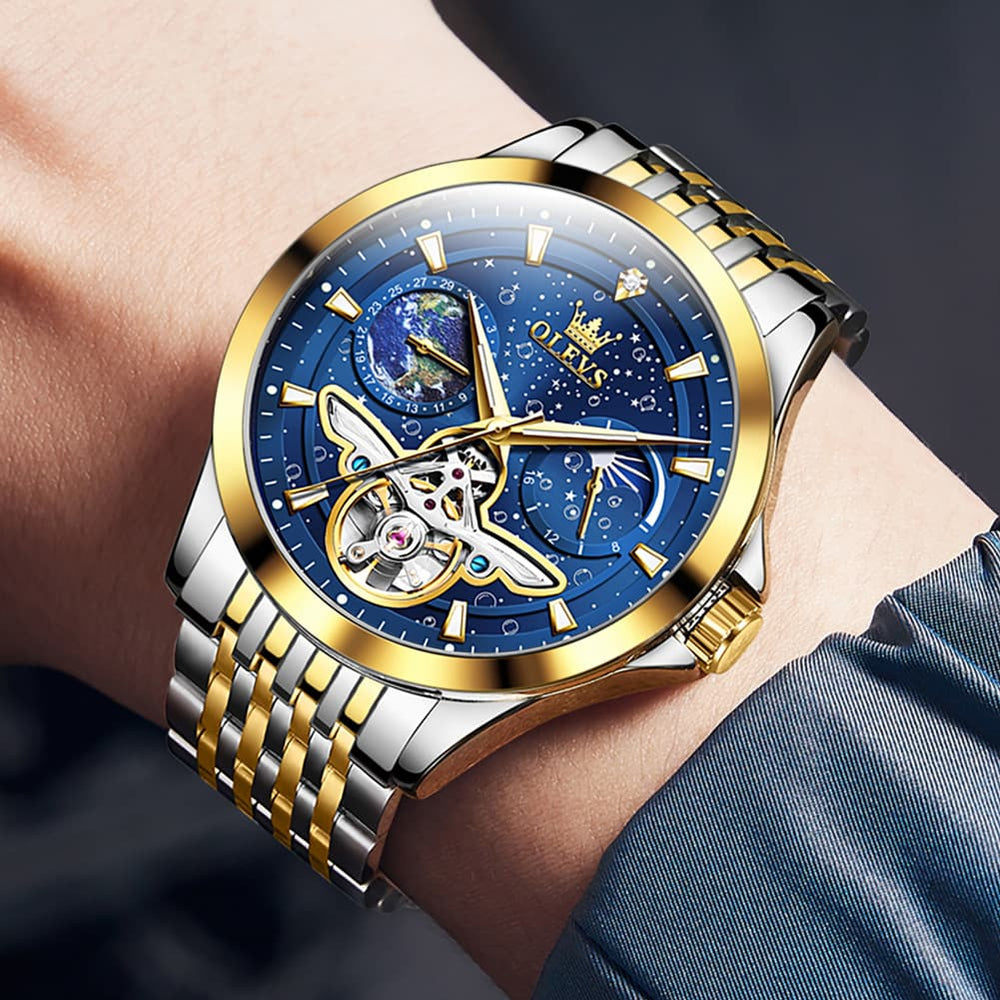 OLEVS 6705 Starry Sky Earth Tourbillon Automatic Mechanical Watch For Men - Two Tone Black Watch | Olevs Watch Store