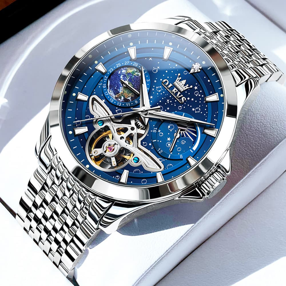 OLEVS 6705 Starry Sky Earth Tourbillon Automatic Mechanical Watch For Men - Two Tone Black Watch | Olevs Watch Store