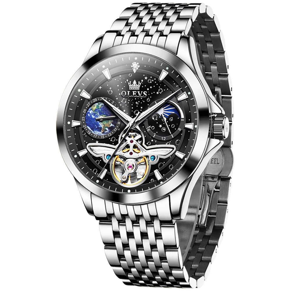 OLEVS 6705 Starry Sky Earth Tourbillon Automatic Mechanical Watch For Men - Two Tone Black Watch | Olevs Watch Store