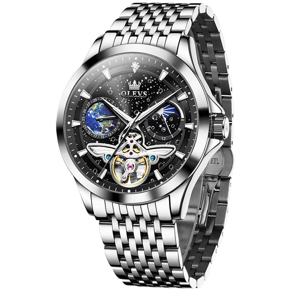 OLEVS 6705 Starry Sky Earth Tourbillon Automatic Mechanical Watch For Men - Two Tone Black Watch | Olevs Watch Store