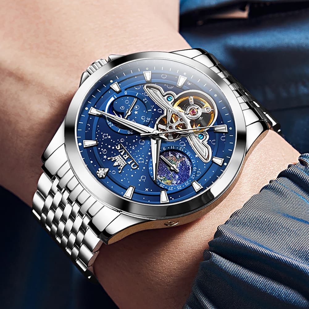 OLEVS 6705 Starry Sky Earth Tourbillon Automatic Mechanical Watch For Men - Two Tone Black Watch | Olevs Watch Store