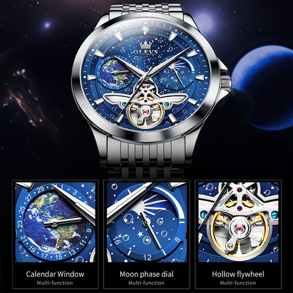 OLEVS 6705 Starry Sky Earth Tourbillon Automatic Mechanical Watch For Men - Two Tone Black Watch | Olevs Watch Store