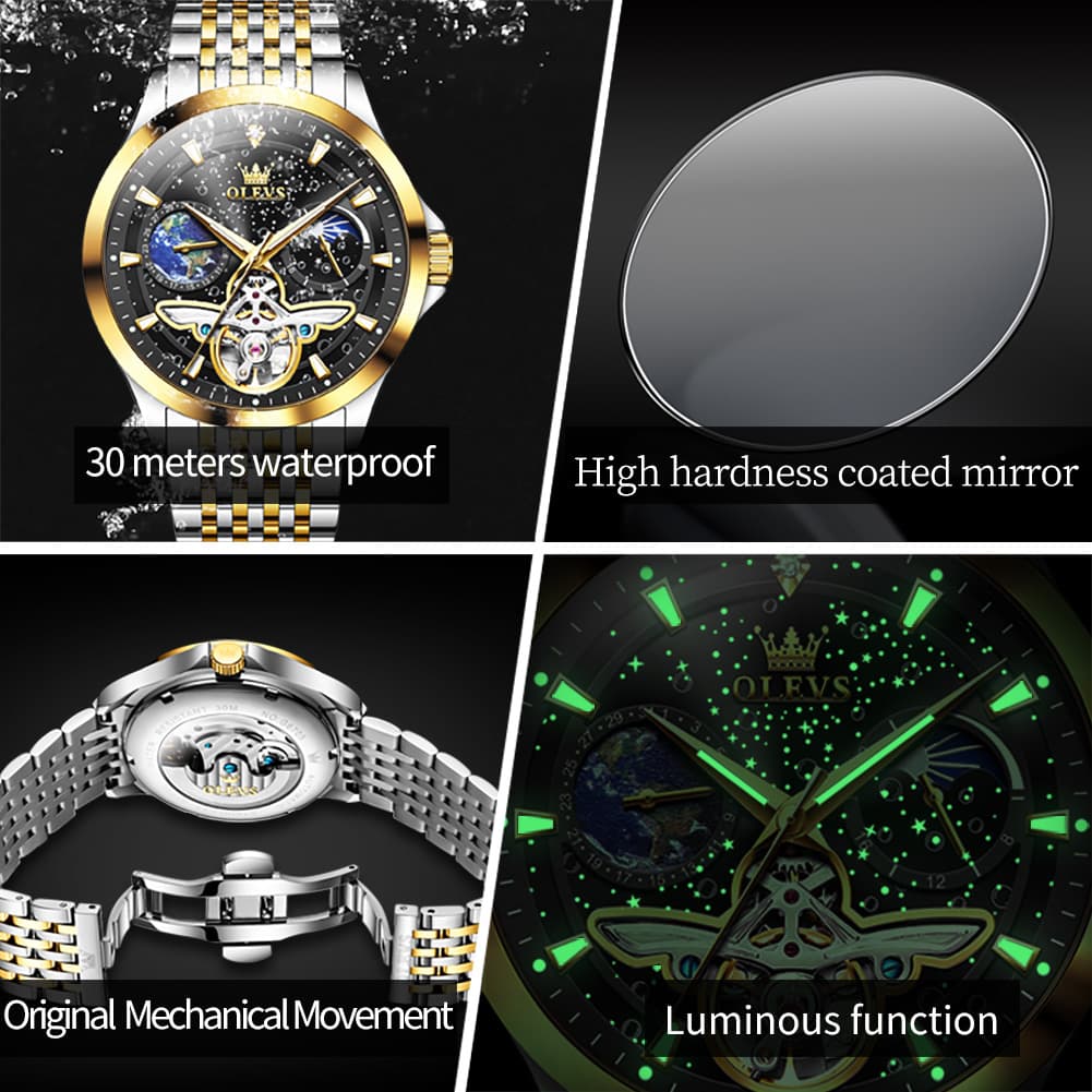 OLEVS 6705 Starry Sky Earth Tourbillon Automatic Mechanical Watch For Men - Two Tone Black Watch | Olevs Watch Store