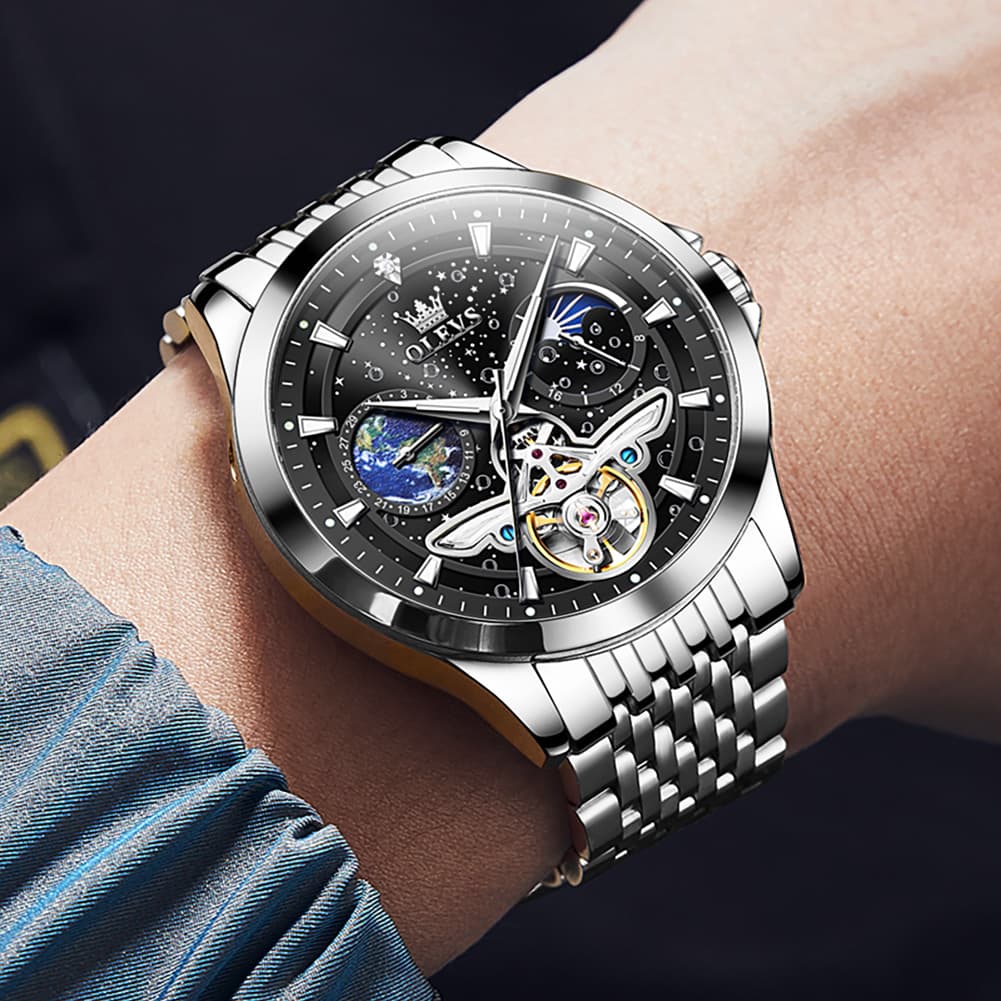 OLEVS 6705 Starry Sky Earth Tourbillon Automatic Mechanical Watch For Men - Two Tone Black Watch | Olevs Watch Store