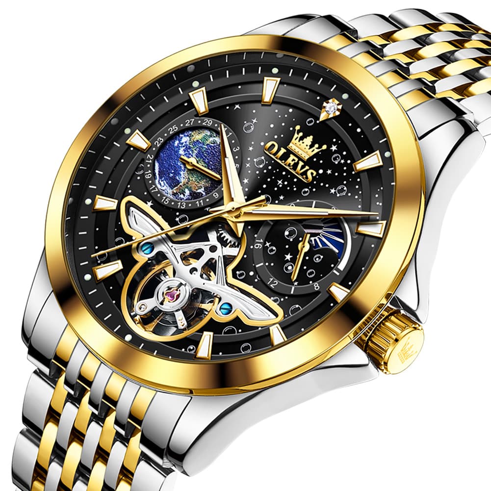 OLEVS 6705 Starry Sky Earth Tourbillon Automatic Mechanical Watch For Men - Two Tone Black Watch | Olevs Watch Store