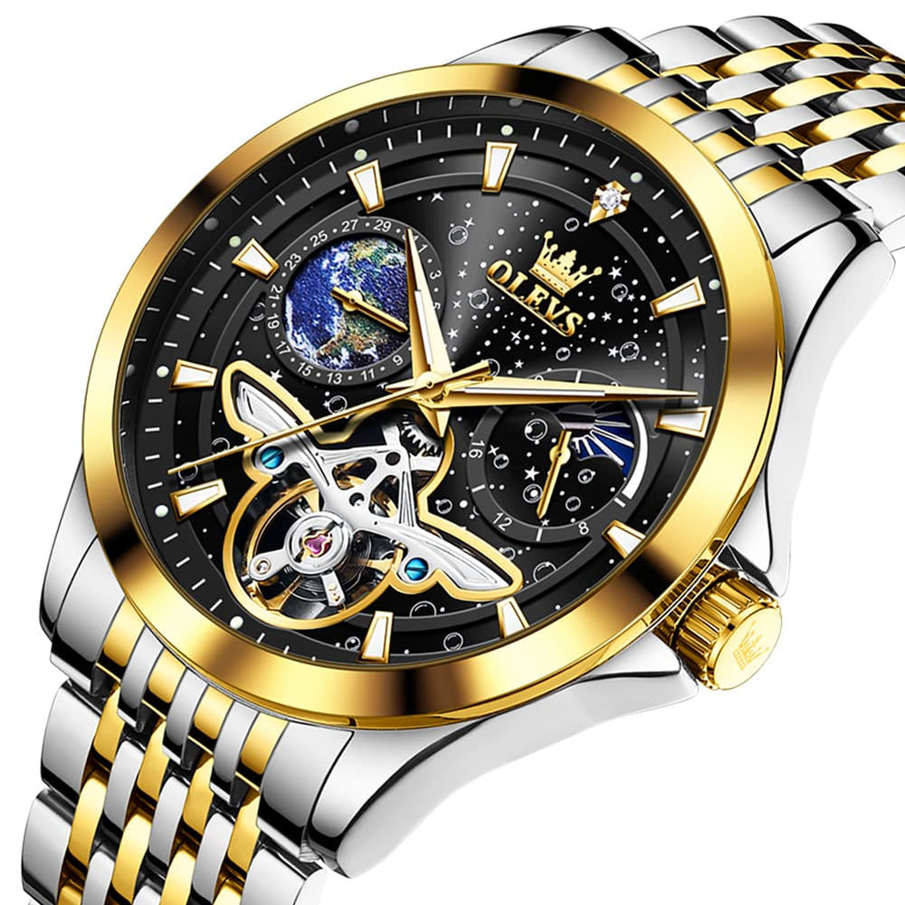 OLEVS 6705 Starry Sky Earth Tourbillon Automatic Mechanical Watch For Men - Two Tone Black Watch | Olevs Watch Store