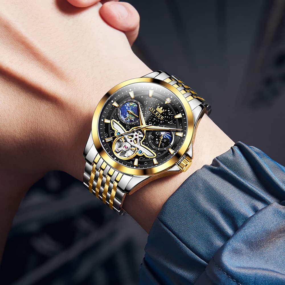 OLEVS 6705 Starry Sky Earth Tourbillon Automatic Mechanical Watch For Men - Two Tone Black Watch | Olevs Watch Store