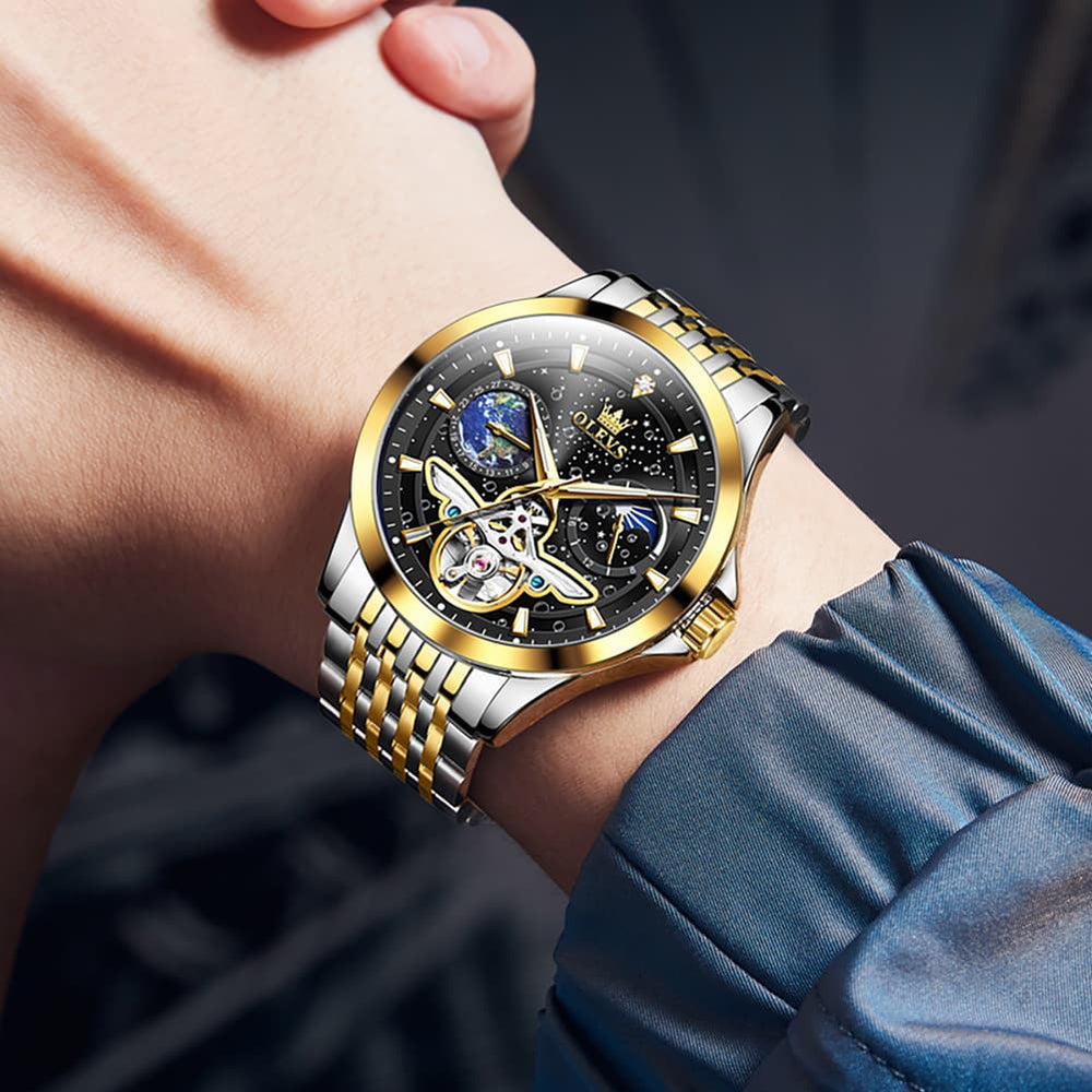 OLEVS 6705 Starry Sky Earth Tourbillon Automatic Mechanical Watch For Men - Two Tone Black Watch | Olevs Watch Store