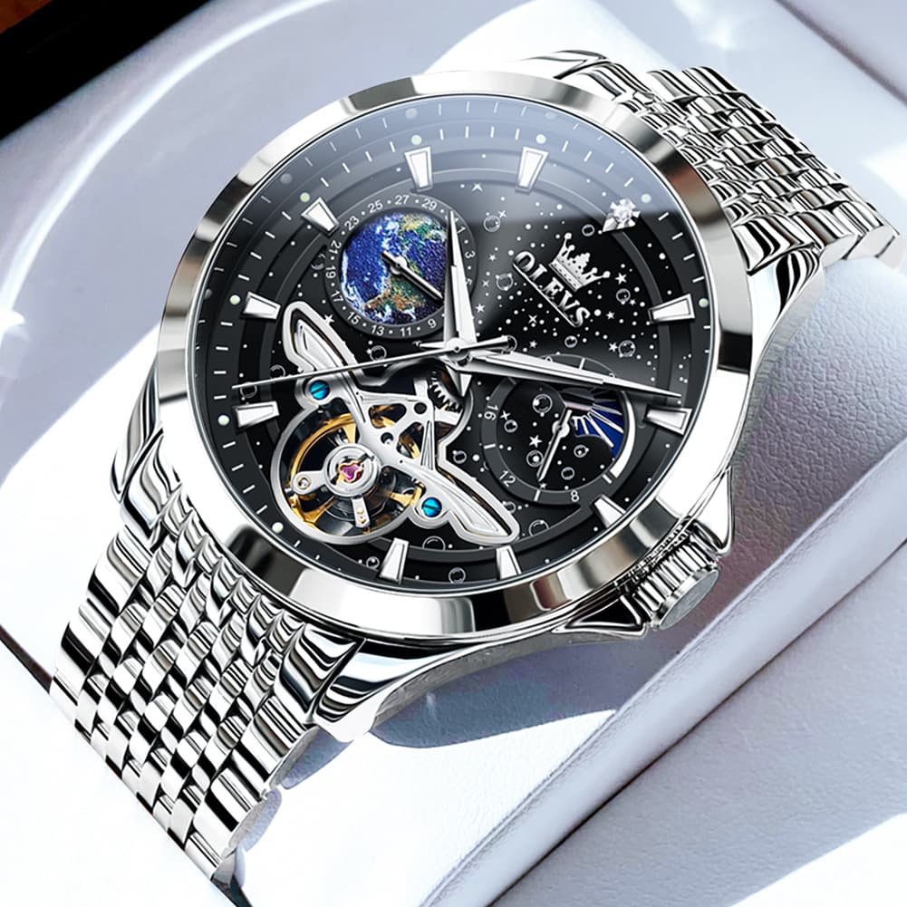 OLEVS 6705 Starry Sky Earth Tourbillon Automatic Mechanical Watch For Men - Two Tone Black Watch | Olevs Watch Store