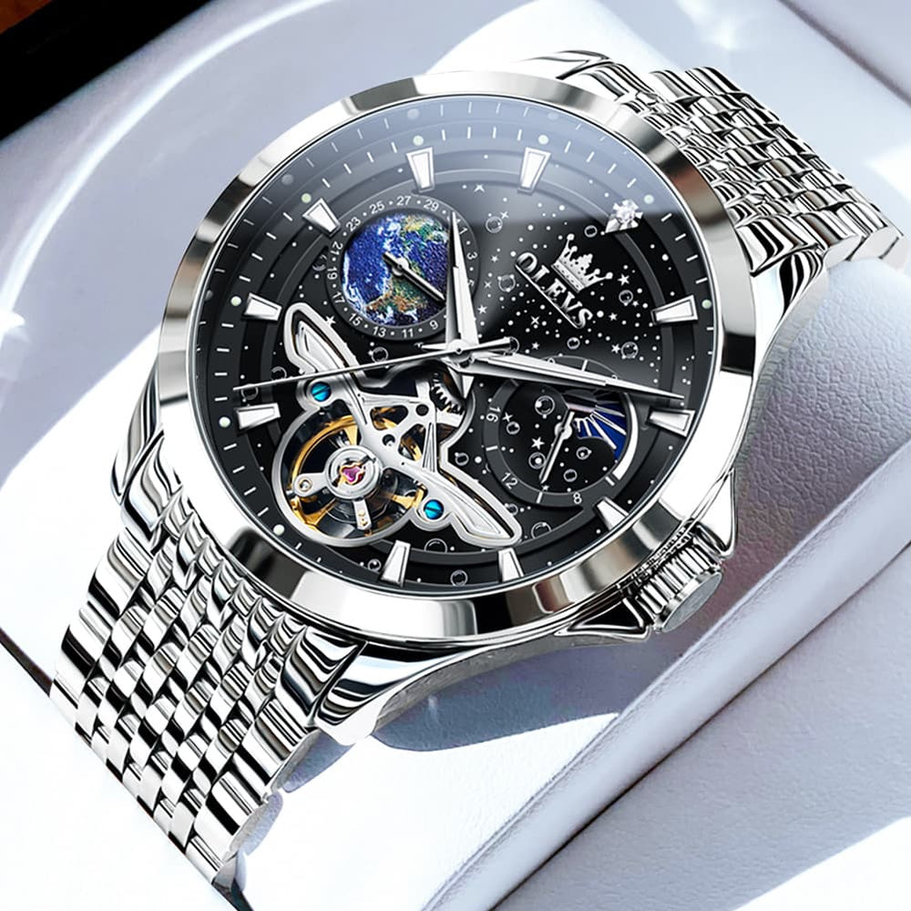 OLEVS 6705 Starry Sky Earth Tourbillon Automatic Mechanical Watch For Men - Two Tone Black Watch | Olevs Watch Store