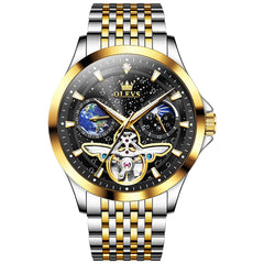 OLEVS 6705 Starry Sky Earth Tourbillon Automatic Mechanical Watch For Men - Two Tone Black Watch | Olevs Watch Store