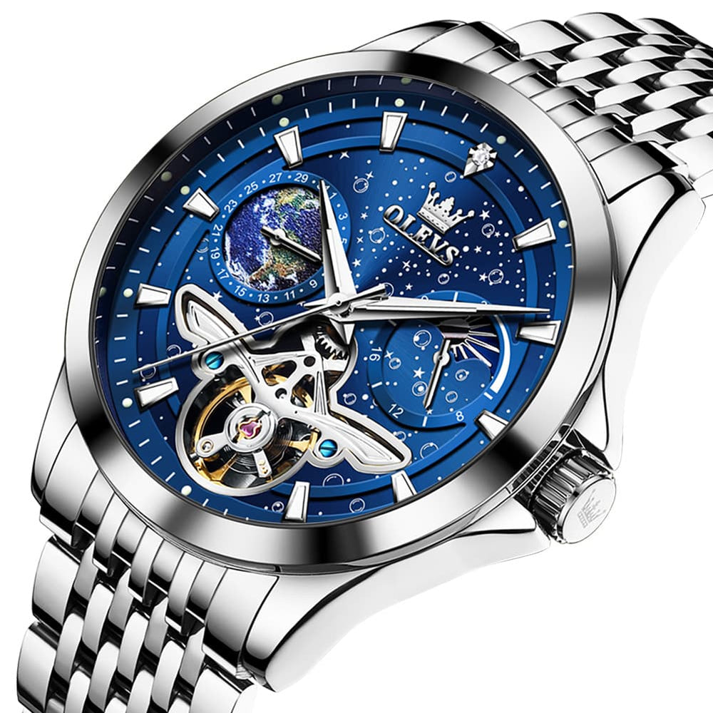 OLEVS 6705 Starry Sky Earth Tourbillon Automatic Mechanical Watch For Men - Two Tone Black Watch | Olevs Watch Store