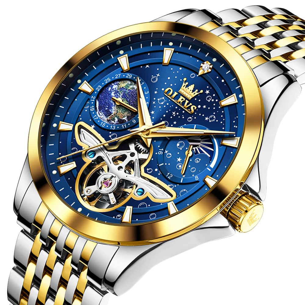 OLEVS 6705 Starry Sky Earth Tourbillon Automatic Mechanical Watch For Men - Two Tone Black Watch | Olevs Watch Store