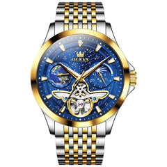 OLEVS 6705 Starry Sky Earth Tourbillon Automatic Mechanical Watch For Men - Two Tone Blue Watch | Olevs Watch Store