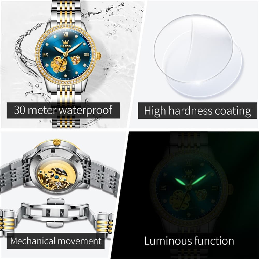 OLEVS 6706 Diamond Flower Skeleton Automatic Mechanical Watch For Women - Peacock Blue Watch | Olevs Watch Store