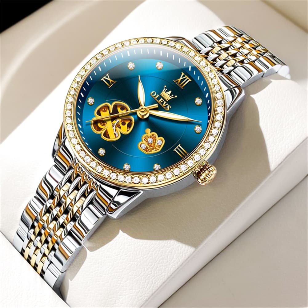 OLEVS 6706 Diamond Flower Skeleton Automatic Mechanical Watch For Women - Peacock Blue Watch | Olevs Watch Store