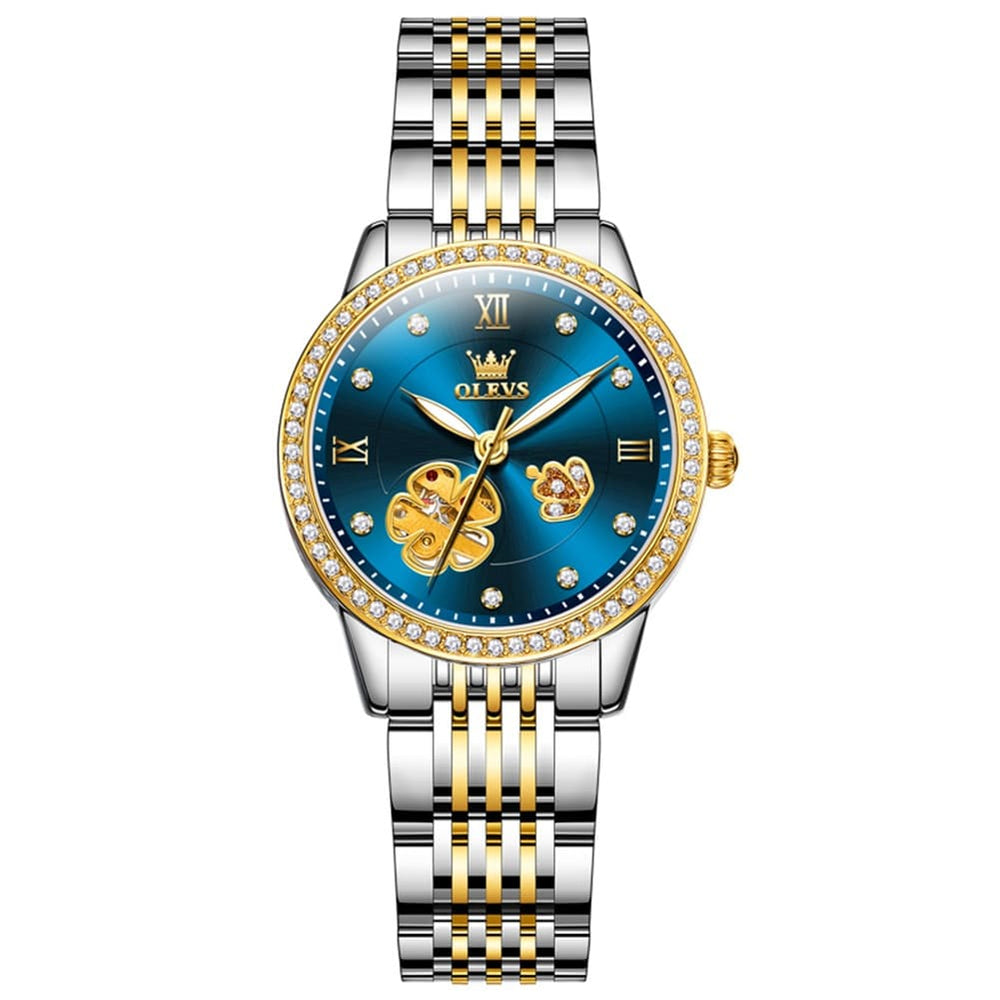 OLEVS 6706 Diamond Flower Skeleton Automatic Mechanical Watch For Women - Peacock Blue Watch | Olevs Watch Store