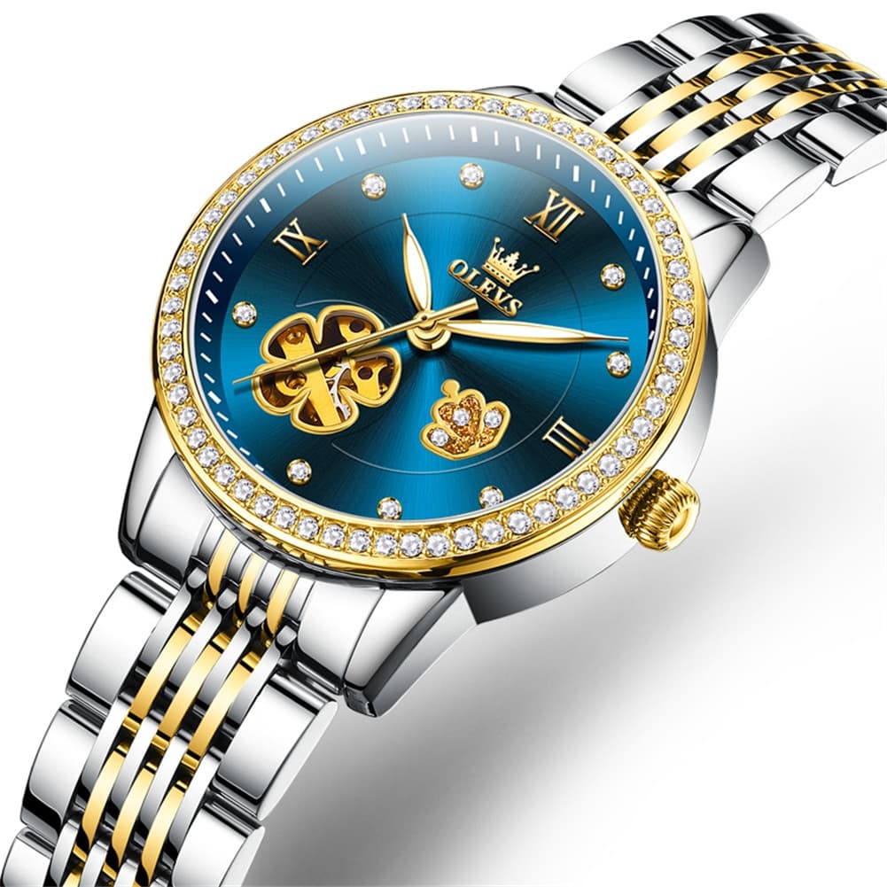 OLEVS 6706 Diamond Flower Skeleton Automatic Mechanical Watch For Women - Peacock Blue Watch | Olevs Watch Store