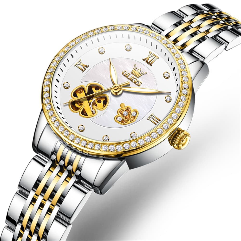 OLEVS 6706 Diamond Flower Skeleton Automatic Mechanical Watch For Women - Petal White Watch | Olevs Watch Store