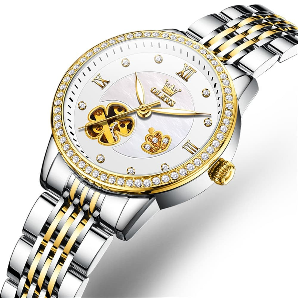 OLEVS 6706 Diamond Flower Skeleton Automatic Mechanical Watch For Women - Petal White Watch | Olevs Watch Store