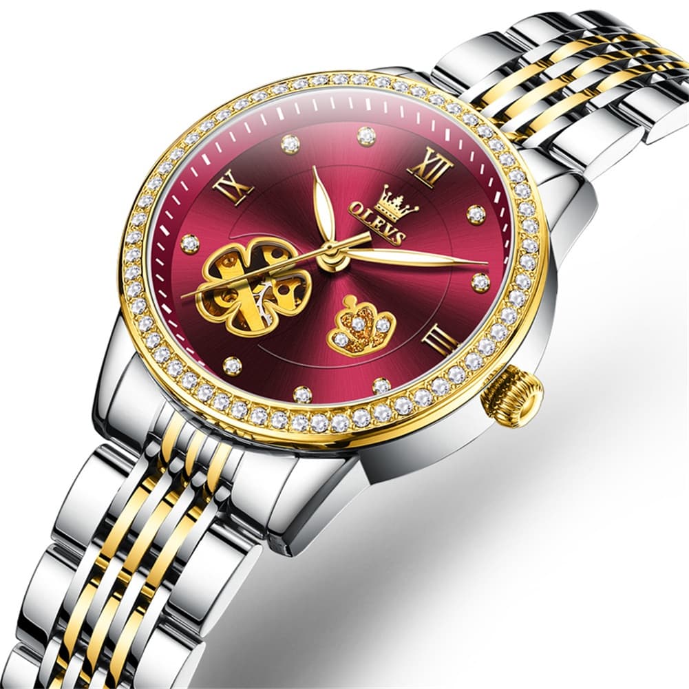 OLEVS 6706 Diamond Flower Skeleton Automatic Mechanical Watch For Women - Wine Red Watch | Olevs Watch Store